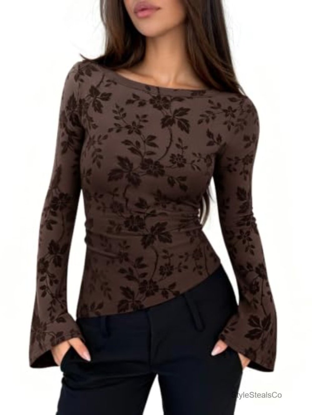 Women's Floral Mesh Long Sleeve Boat Neck Top Bell Sleeve Double Lined Shirt